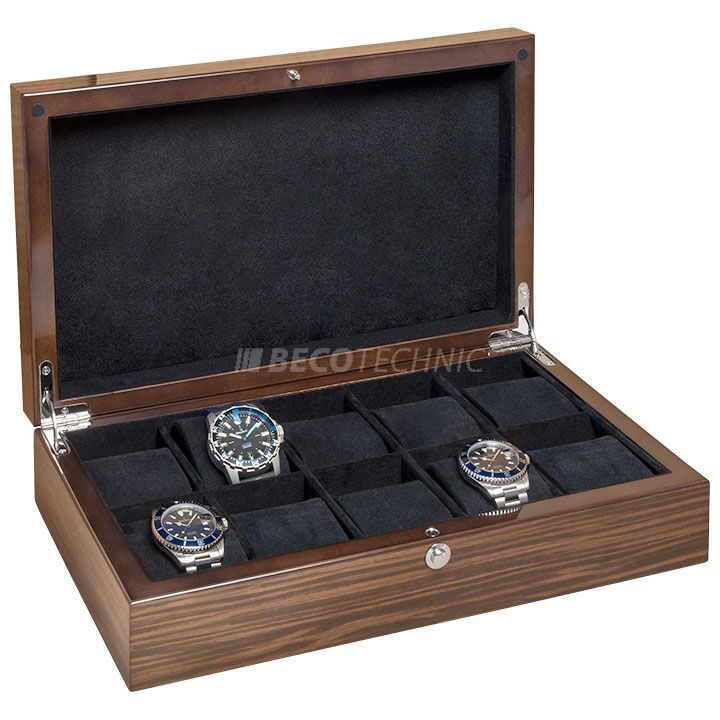 Beco watch collector's box for 10 watches, maccasar wood, polished, black lining