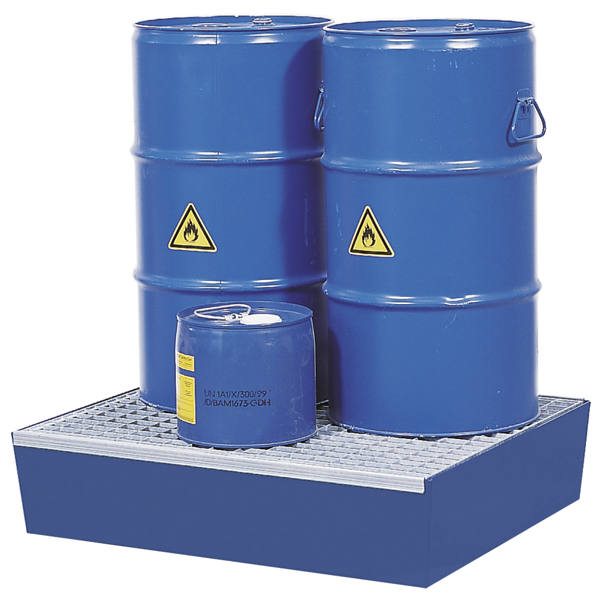 Steel sump pallet, gentian blue, galvanised grid, 60 l capacity, 400 kg load capacity