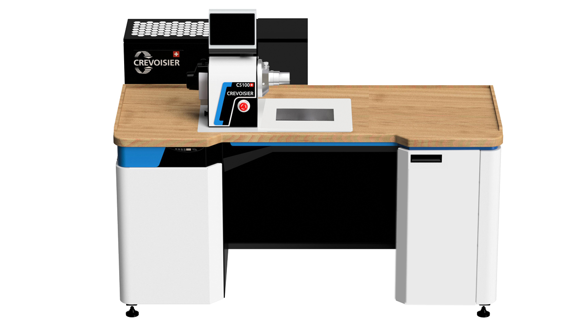 Crevoisier C5100 (M8) with DSG-Comfort worktable, incl. bezel, incl. suction unit, table top with natural
wood laminate coating, bottom power supply (400 V) Crevoisier C5100 (M8) with DSG-Comfort worktable, incl. bezel, incl. suction unit, table top with natural
wood laminate coating, bottom power supply (400 V)