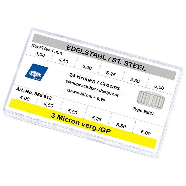 Sortiment à 24 Kronen 920N, staubgeschützt, Edelstahl & 3 Micron gelb verg., Rohr kz., GW 0,90, Kopf Ø 4,0-6,0 mm