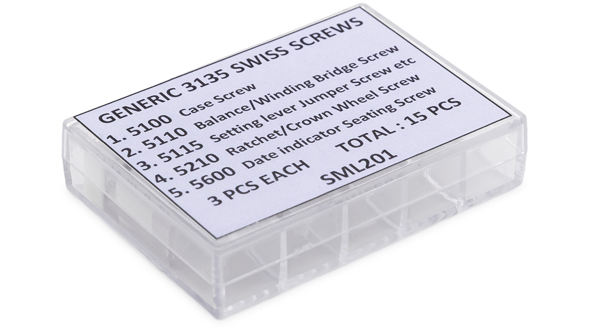 Assortiment de vis de mouvement, compatibles avec le calibre 3135, comprenant les types de vis 5100,
5110, 5115, 5210 et 5600, par 3 pièces de chaque