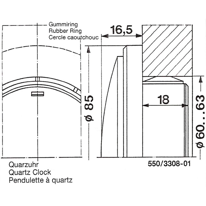 Insert movement, quartz arabic 85 mm, mounting dimension 60-63 x 18 mm