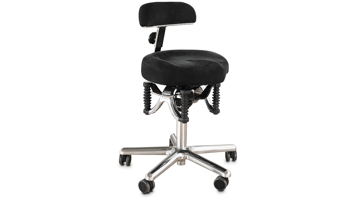 Saddle seat Balance, height 45 - 54 cm, Alcantara black, polished aluminum base