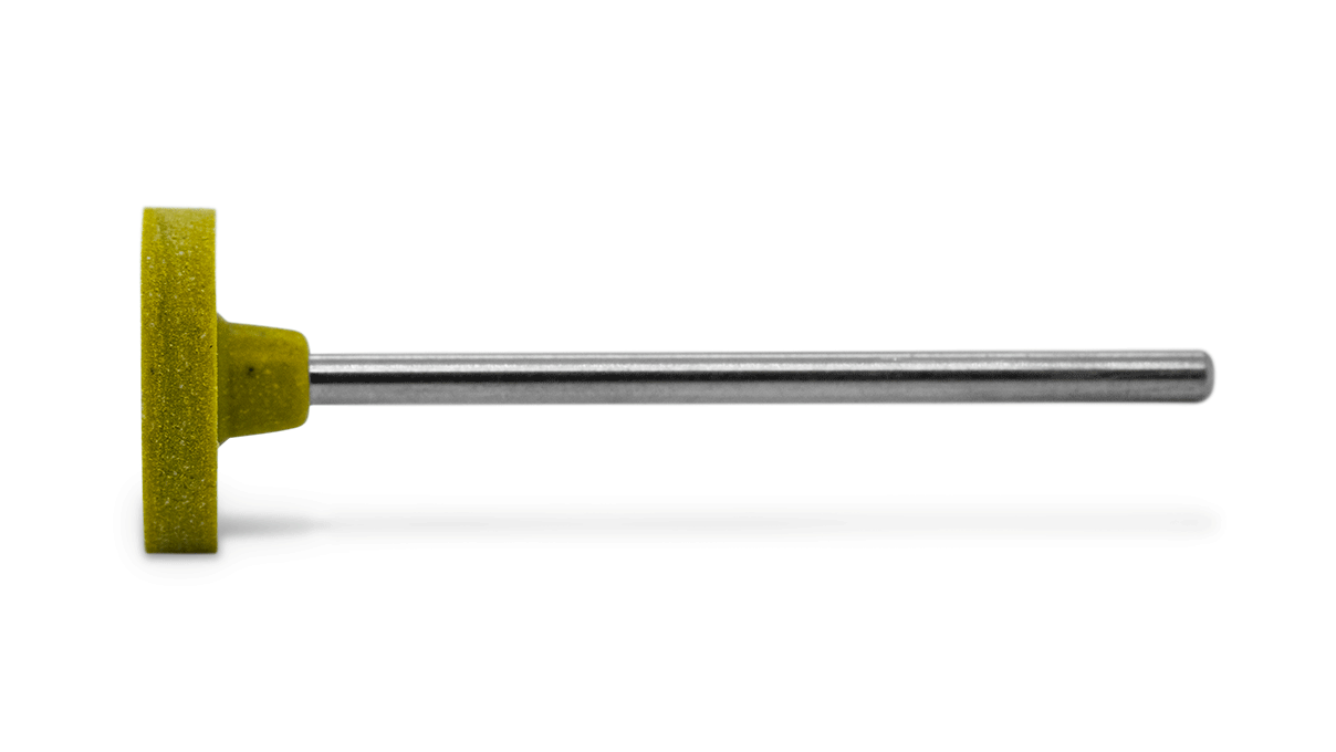 Polierer Pumice, gelbgrün, Rad, Ø 14,5 x 2,5 mm, Korn mittel, HP-Schaft
