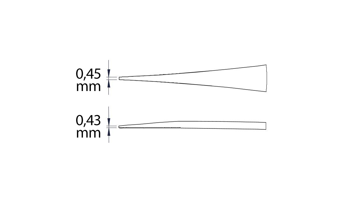 Pinzette mit geriffelten Griffen, feine Spitzen mit Hieb, Länge 110 mm