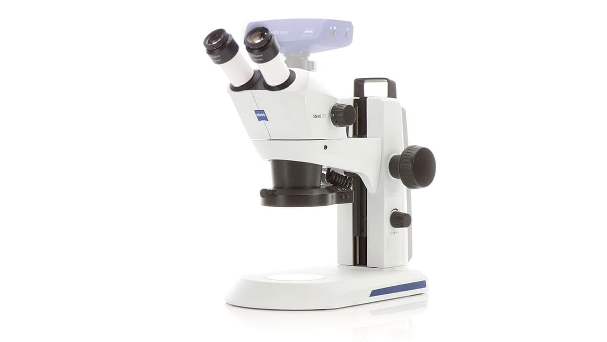 Stereomicroscope Stemi 305 trino, magnification 8x to 40x, C-mount camera output, compact stand K
MAT, integrated near-vertical illumination and segmentable ring light K LED