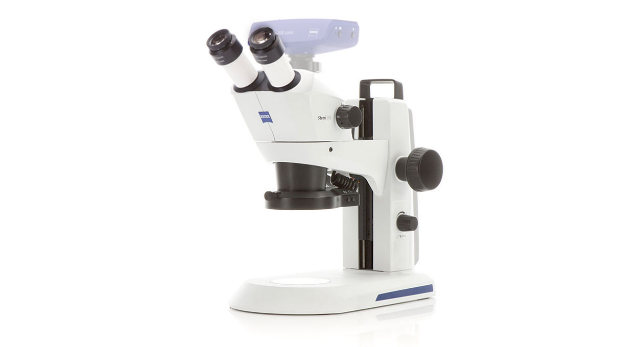 Stereomikroskop Stemi 305 trino, Vergrößerung 8x bis 40x, C-mount Kamera-Ausgang, Kompaktstativ K
MAT (ESD), integrierte fast vertikale Beleuchtung und segmentierbare Ringleuchte K LED