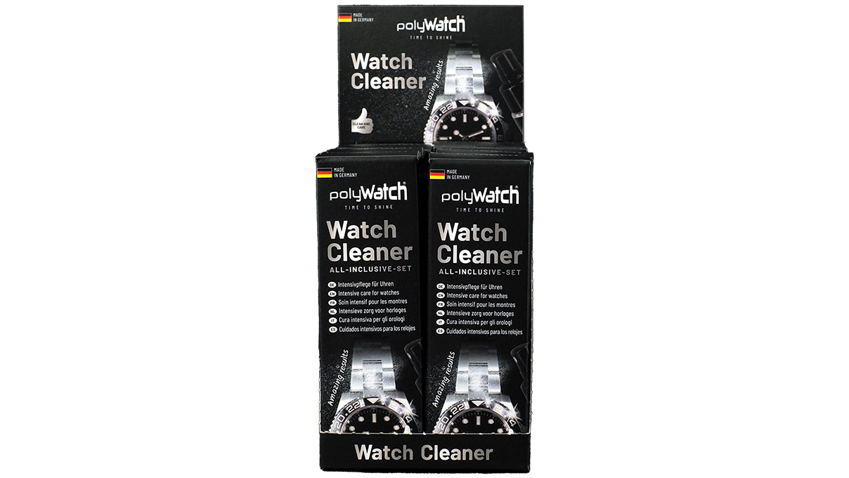 polyWatch Watch Cleaner, Set mit Reinigungsspray und 2 Poliertüchern, Verkaufsdisplay