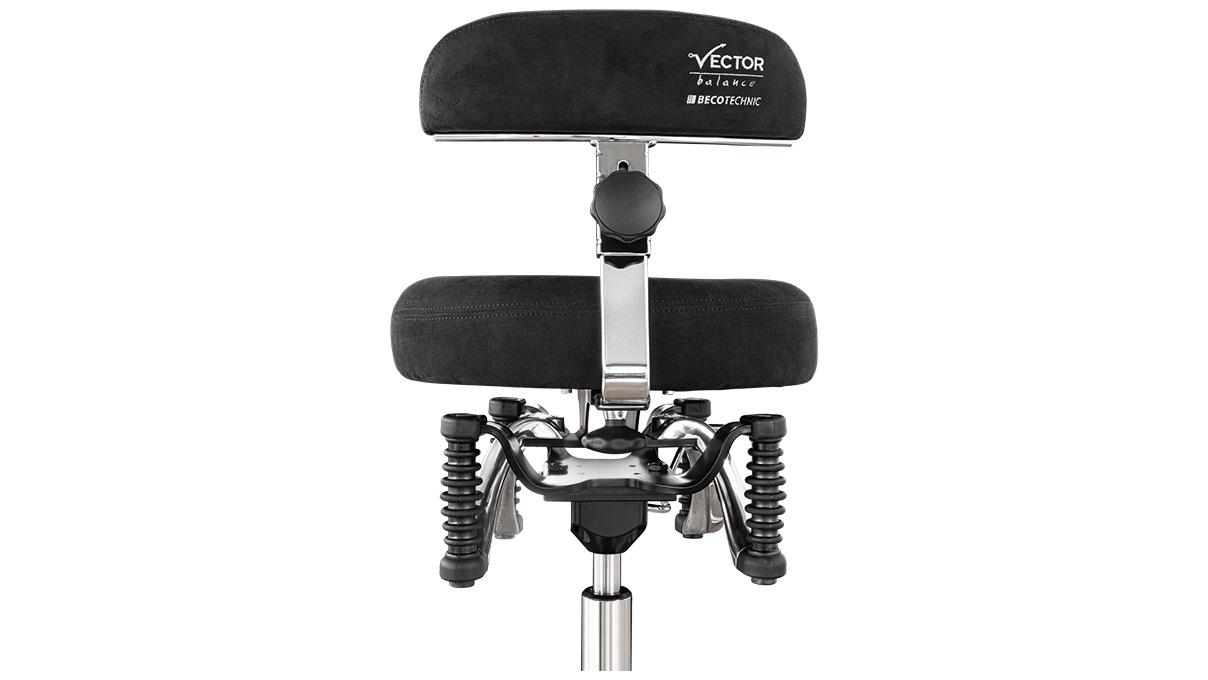 Sattelsitz Balance, Höhe 58 - 76 cm, Alcantara schwarz, Fußkreuz Aluminium poliert