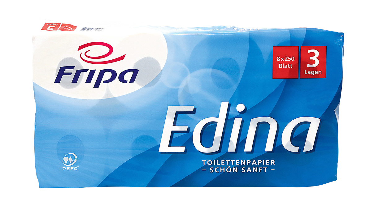 Fripa Edina toiletpapier, 8 rollen, 3-laags, gemaakt van 100% chloorvrij gebleekte pulp