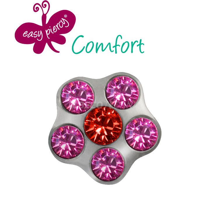 1 Pair Easy Piercy Comfort ear studs Flower Ø 5,0 mm, white, Ruby/Rosé imitation