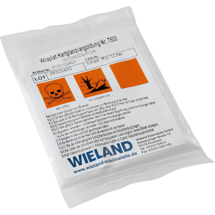 Dorado brillo duro Wilaplat nº 7500 Oro fino con 1 g Au/l, contiene cianuro (sal de preparación para 1
litro)
