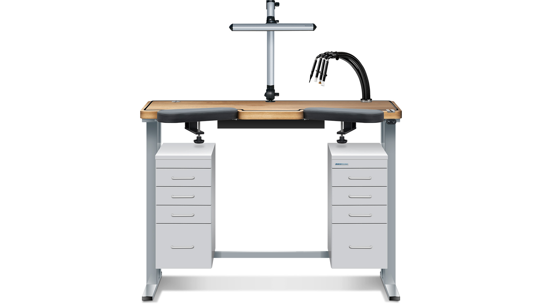 Workbench Ergolift Evolution, bench top oak, 120 x 60 x 4 cm, drawers silk gray