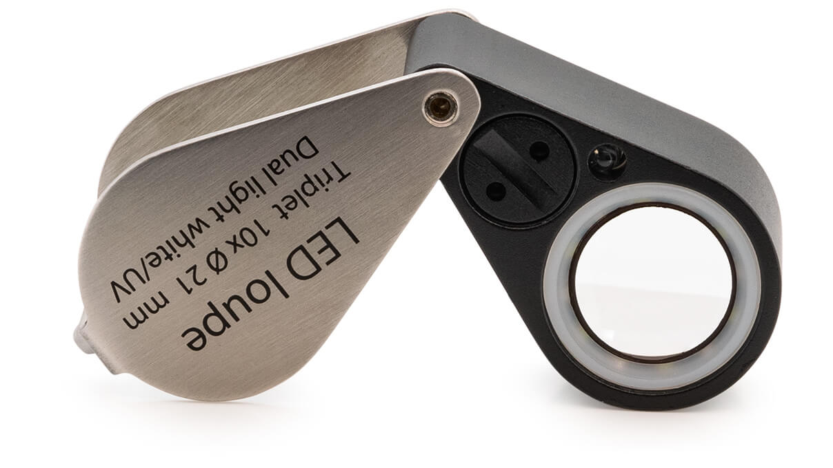 Triplet diamond loupe, 10x magnification, lens Ø 21 mm, with LED and UV light