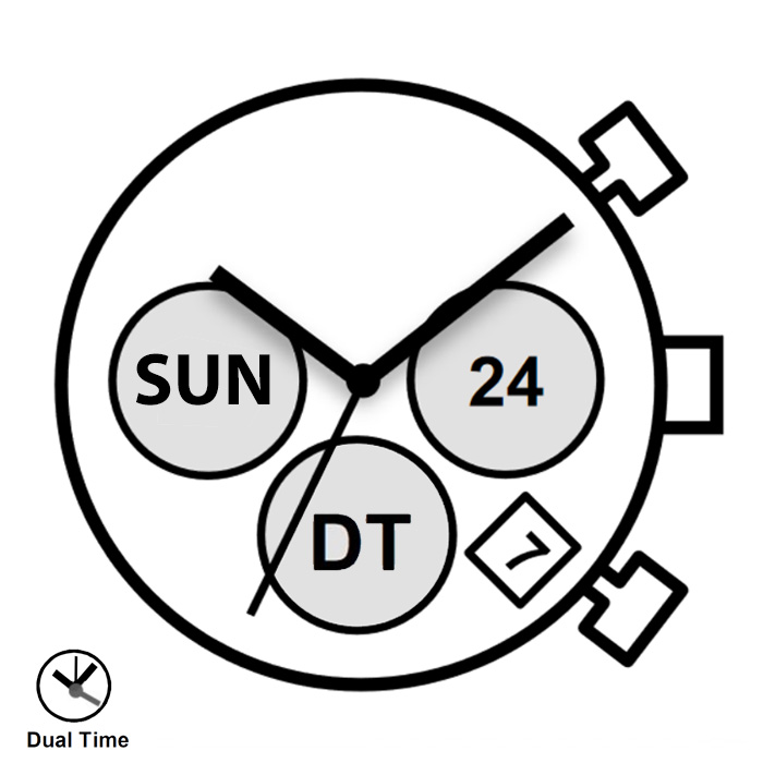 Mvt. Miyota JP25 12 1/2''' DATE4,5/DAY9 SC 3EYES DUAL TIME 24H Quartz (363 | SR 621SW)