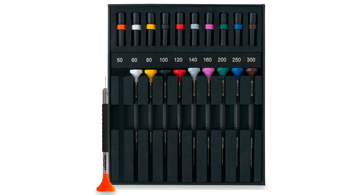Bergeon 6899-A10 Box mit 10 Schraubendrehern, mit Ersatzklingen