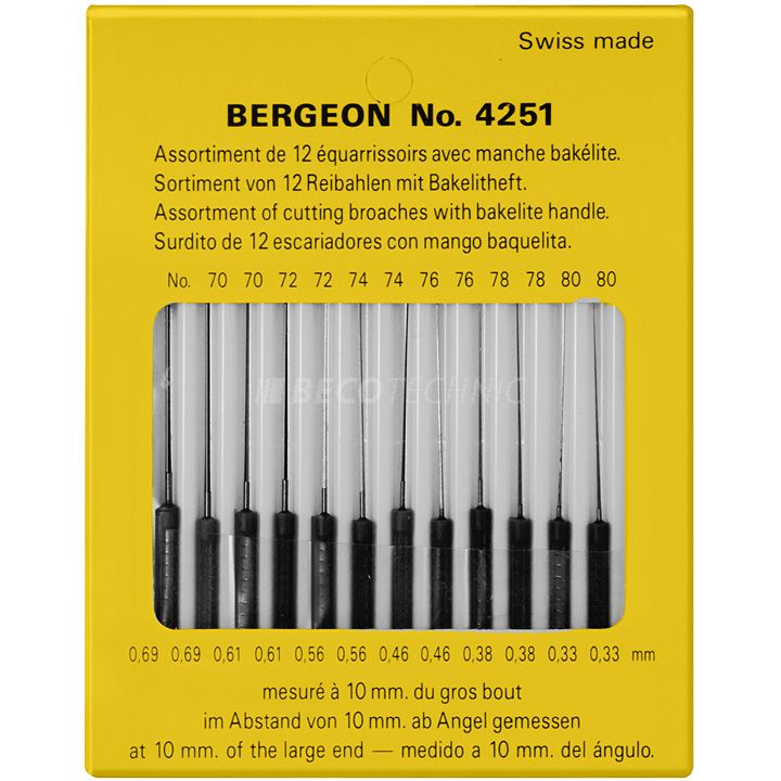 Bergeon 4251 pivot broaches, pentagonal, with PVC handle, assortment