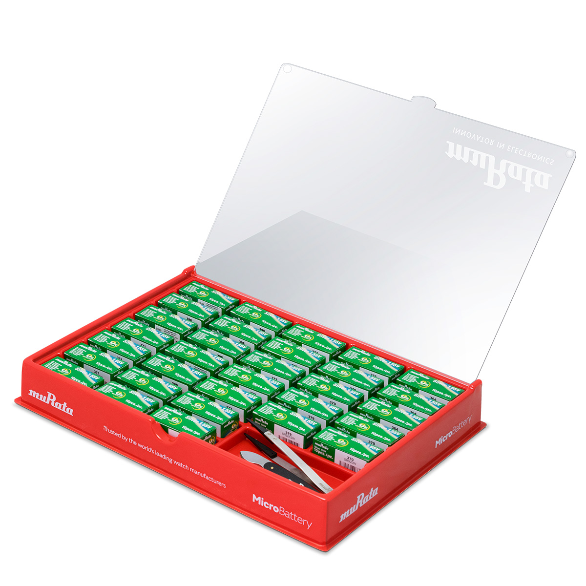 Murata battery counter display with 32 compartments and transparent lid