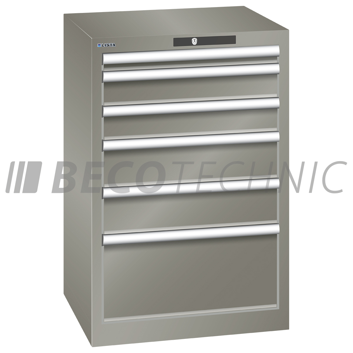 Lista drawer cabinet 27 x 27 E, 6 drawers, pearl mouse gray, Key Lock, height 850 mm
