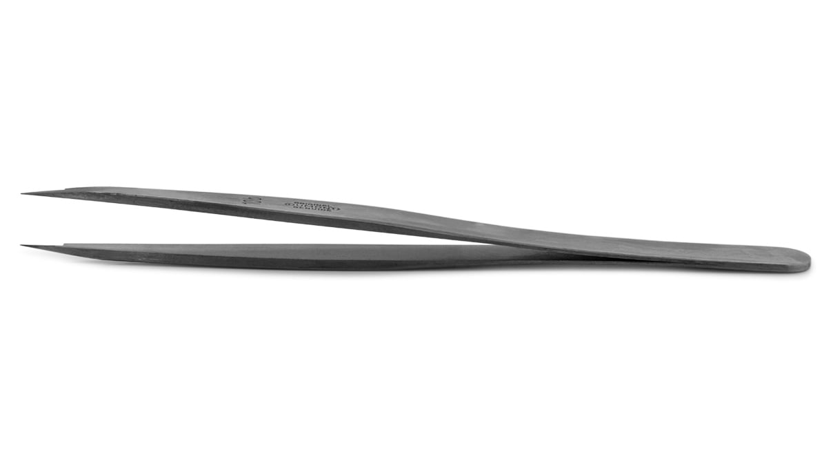 Dumont Pinzette Form 10B, zum Setzten von Spiralen,  Edelstahl-Carbon, 120 mm