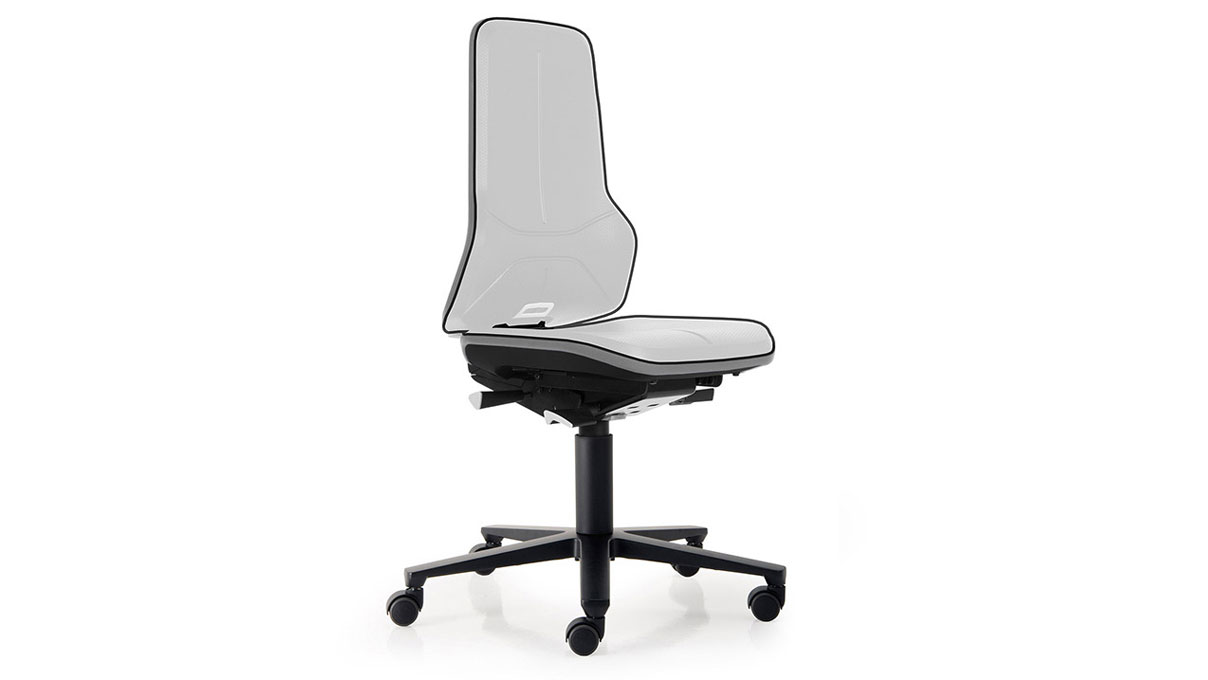 Bimos Neon working chair 9563 ESD, seat height 45 - 62 cm, permanent contact backrest, black frame, soft
castors for hard floors, without upholstery element