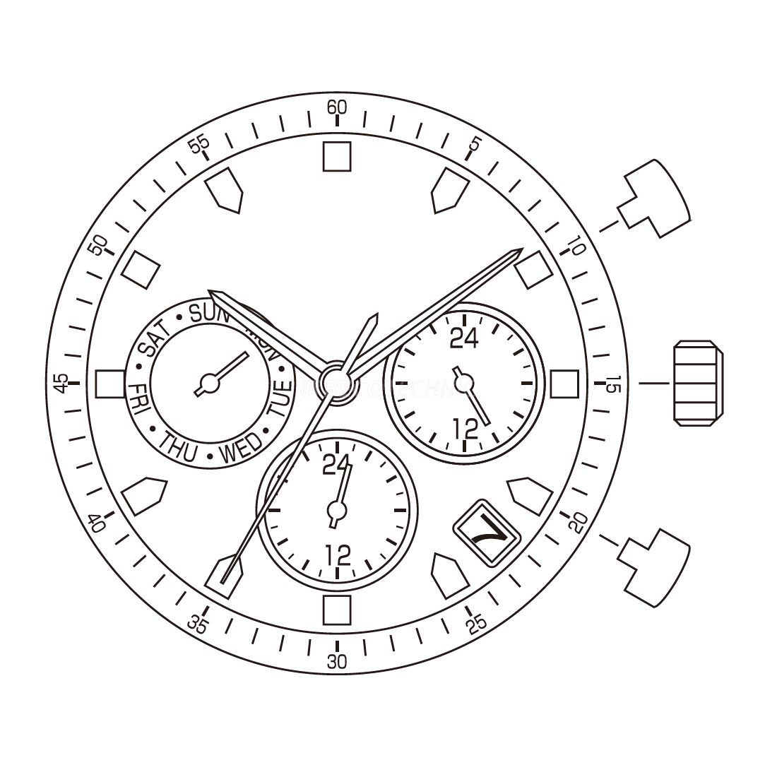 AU-Werk Miyota JP25 12 1/2''' DATE4,5 Hängend/DAY9 SC 3EYES DUAL TIME 24H Quarz (363 | SR 621SW)
