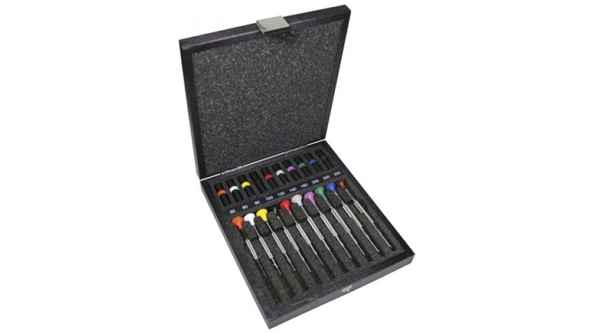 Bergeon 30081-A10 Assortment of screwdrivers in wooden box, with spare blades, Ø 0,5 - 3 mm