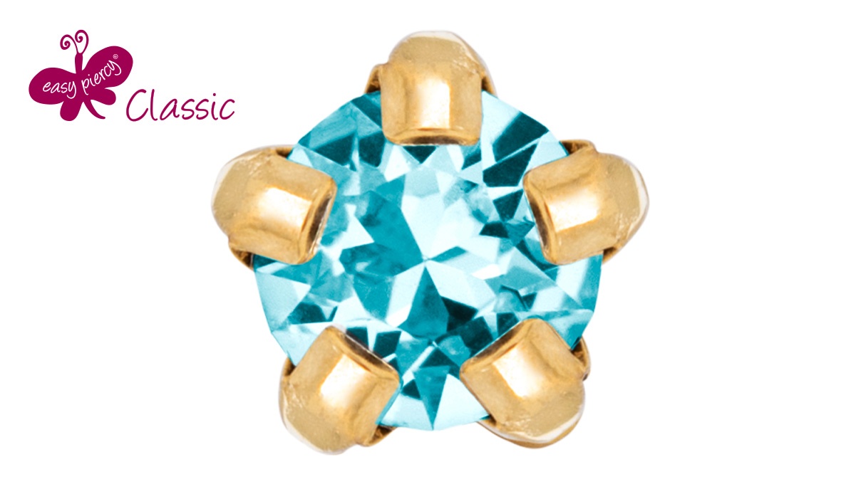 1 pair ear studs Easy Piercy Classic, gold plated, clawset, aquamarine imitation