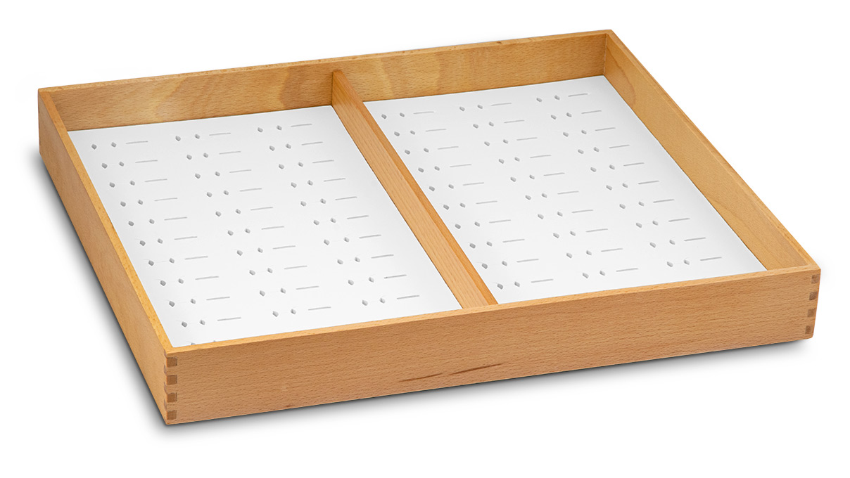 Presentation tray for rings, slotted and perforated, wood with imitation leather, ecru
