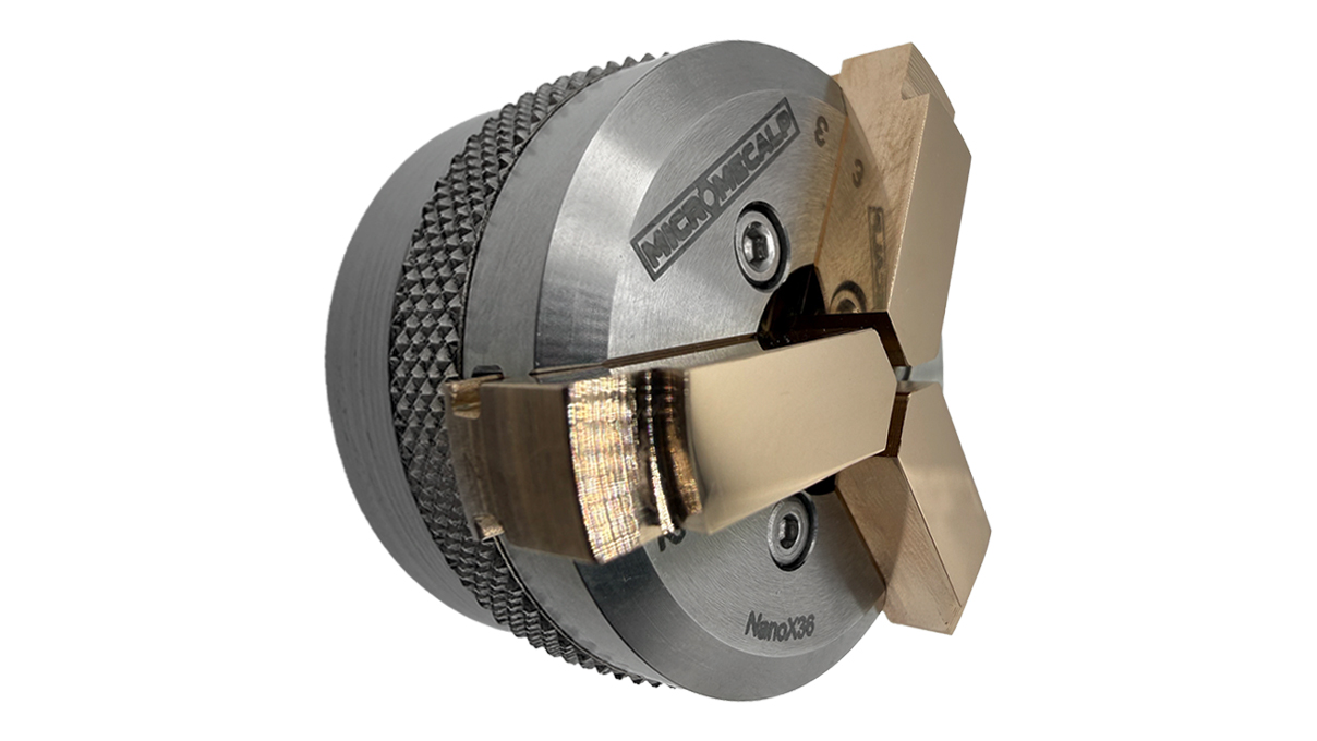 Micromecalp Nano X36 micro jaws chuck for lapping & polishing, Stainless steel with 3 brass jaws,
clamping range Ø 12,5mm up to Ø 44 mm, M14