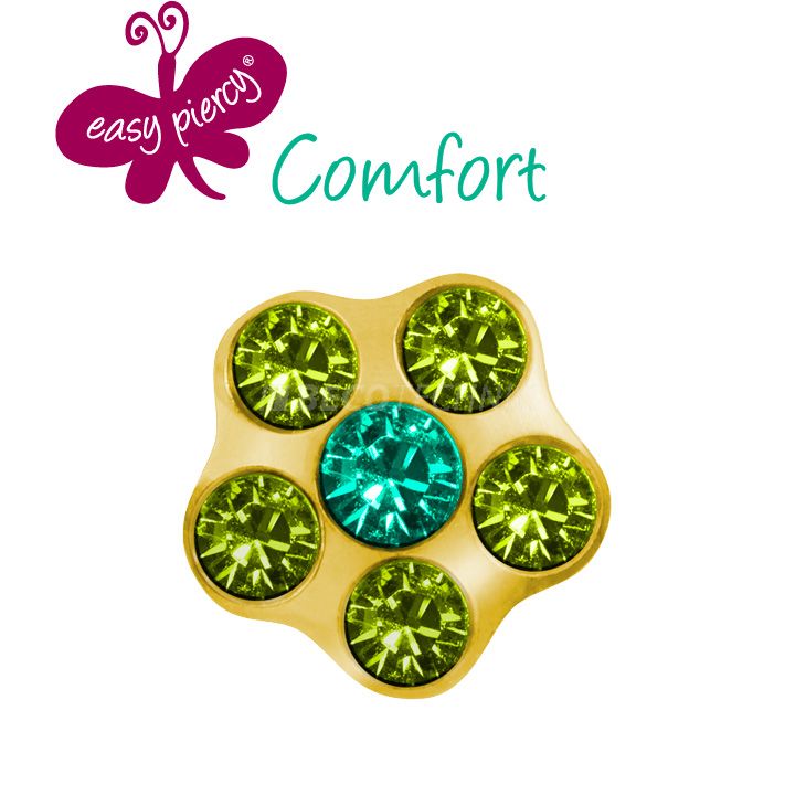 1 Pair Easy Piercy Comfort ear studs Flower Ø 5,0 mm, gold plated, Turquoise/Peridot  imitation