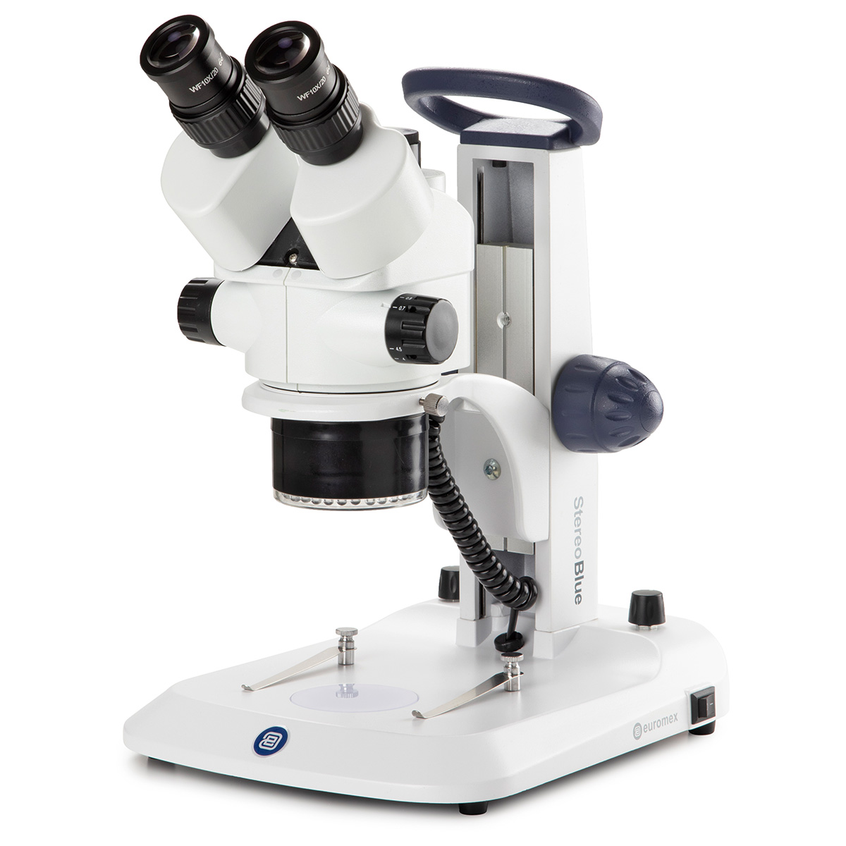 Trinokulares Stereomikroskop StereoBlue, 7x bis 45x, Zoomobjektiv 0,7x bis 4,5x, LED-Beleuchtung