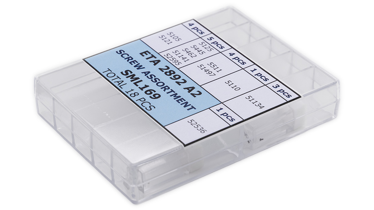 Jeu de vis pour le calibre ETA 2892-A2, 18 vis pour les positions ETA 5105, 5121, 5125, 5445, 5462, 51141,
52595, 5511, 51497, 5110, 51134 et 52536