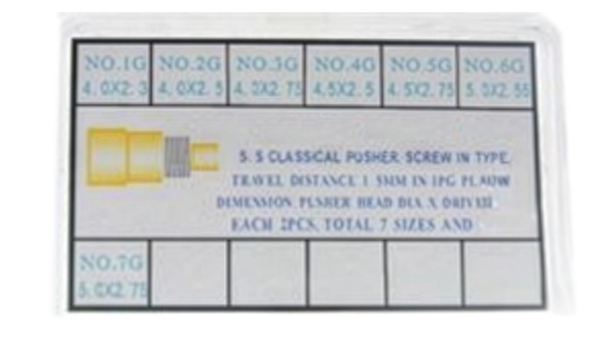 Assortment of 14 chronograph pushers, screw-in type, stainless steel gold-plated, 7 sizes, 2 of each (head
Ø 4 / 4,5 / 5 mm, tube Ø 2,3 - 2,75 mm)
