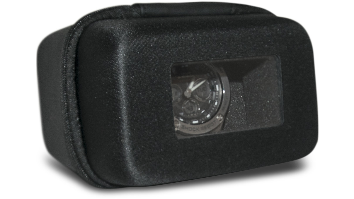 Watch Box hard case with viewing window, textile cover, matt shiny, black