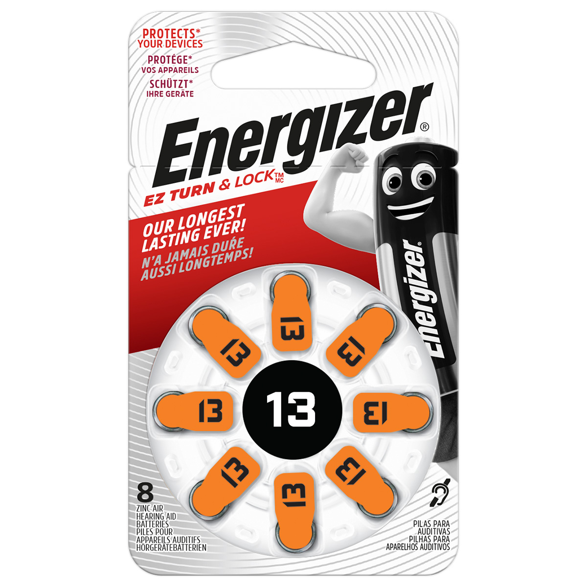 Energizer Zinc Air hearing aid batteries No. 13, Blister à 8 pieces 1,4 Volt 255 mAh