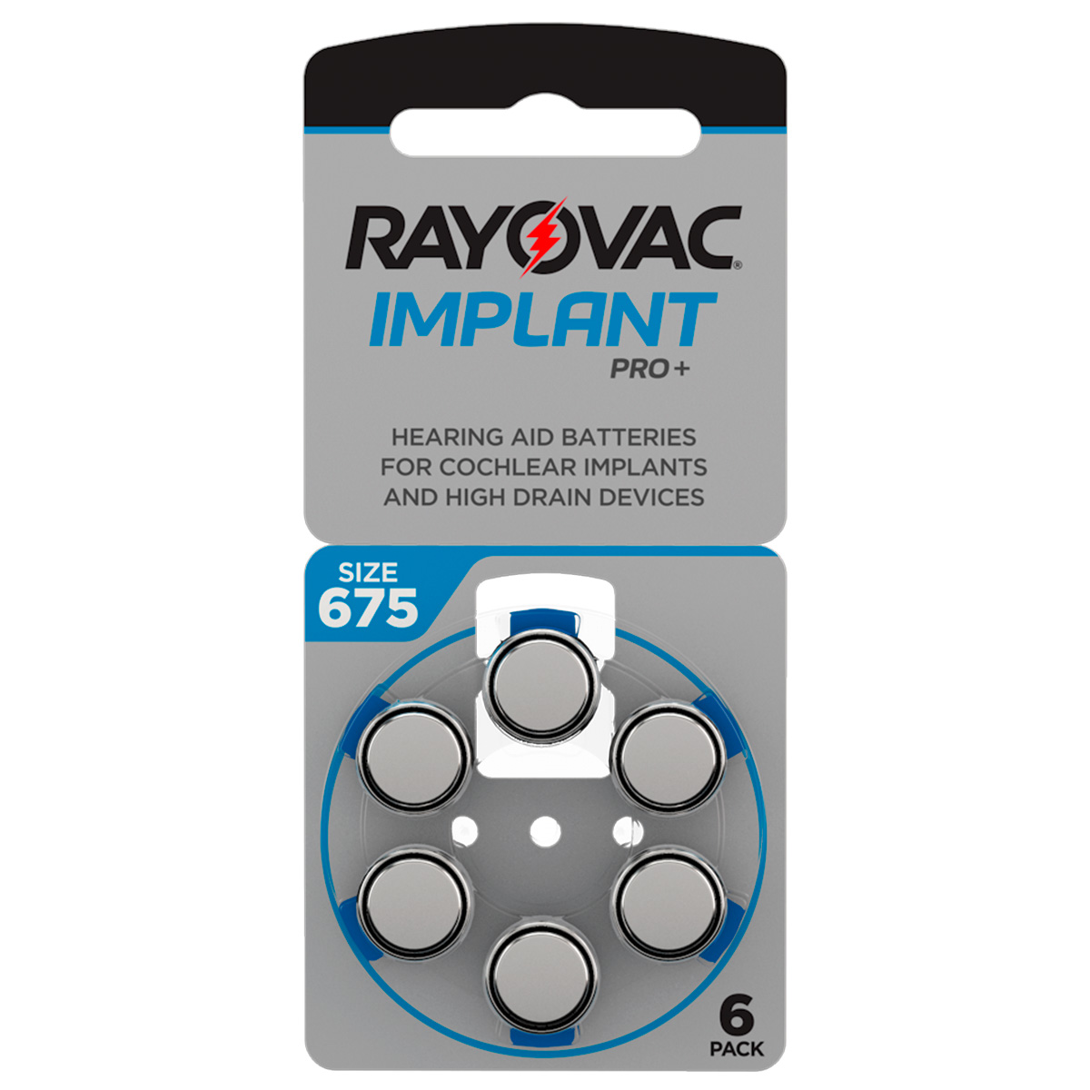Rayovac Implant Pro+, 6 hoortoestelbatterijen nr. 675 voor cochleaire implantaten, blisterverpakking