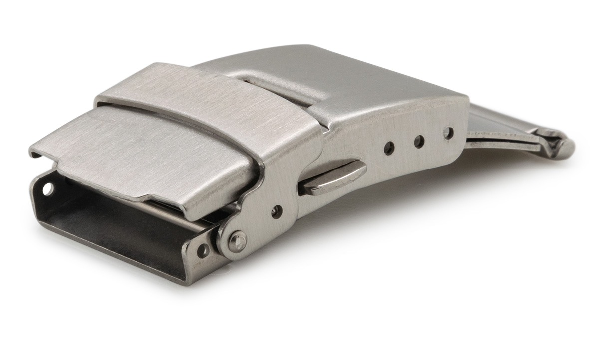 Faltschließe für Metallbänder, Anstoß/Breite: 22 mm, 22 mm, 2 Drücker, Sicherheitsbügel, Satiniert, Silberfarben, Edelstahl