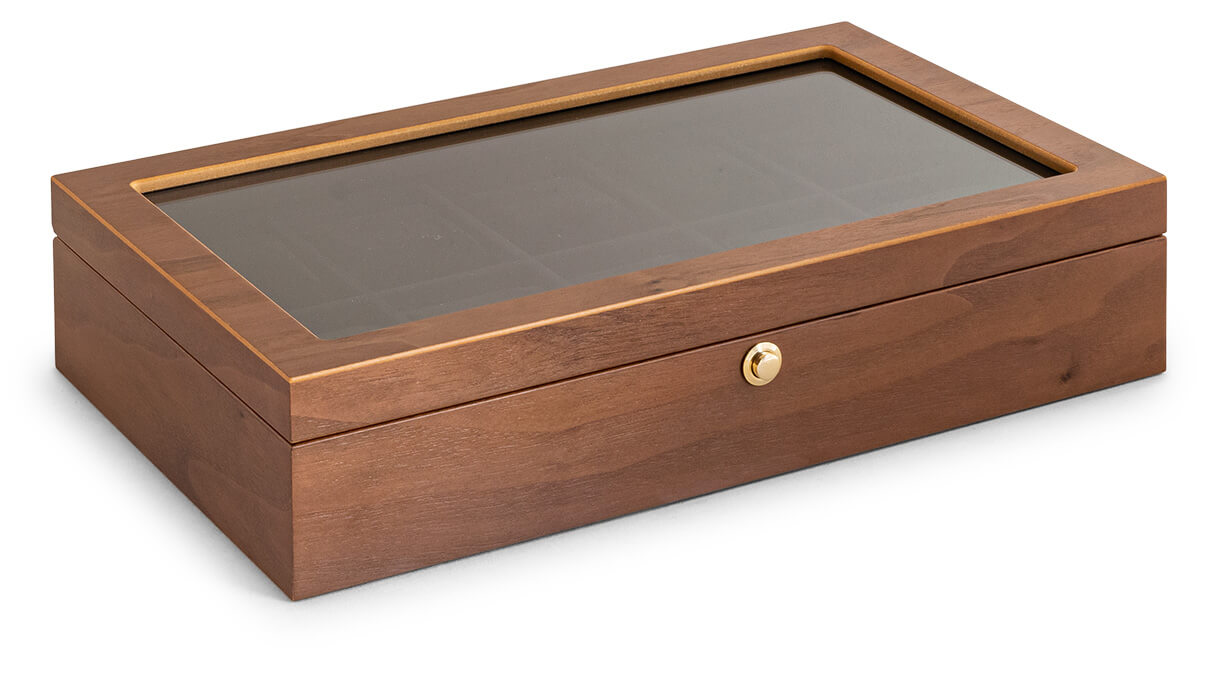 Watch collector box for 10 watches, walnut, matt, with window