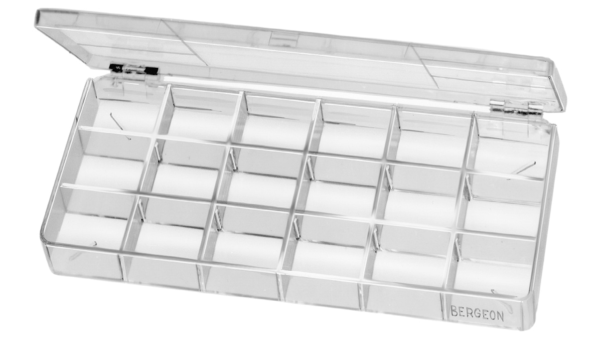Bergeon 2968-12 Ordnungskasten mit 12 Fächern, je 28,5 x 47 x 18 mm, transparent, mit Scharnierdeckel