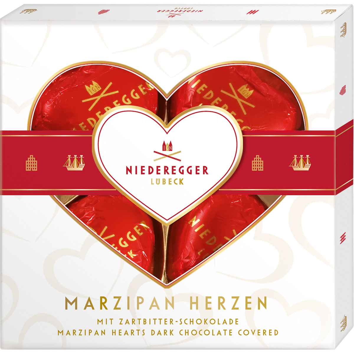 Niederegger hartjes, 50 g, marsepein omhuld met pure chocolade