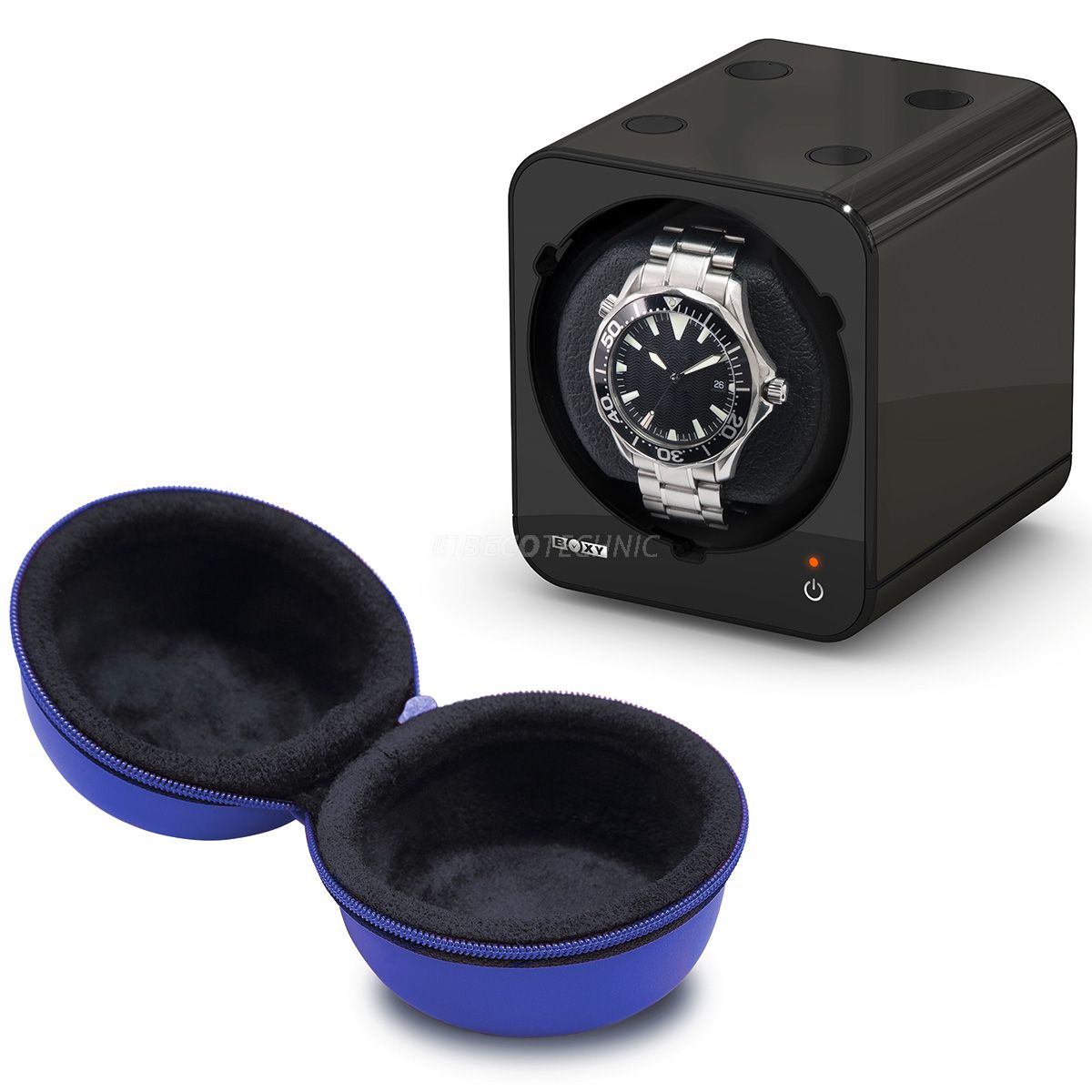 Boxy Watch Box, Uhrenetui, Ledernachbildung, blau, rund