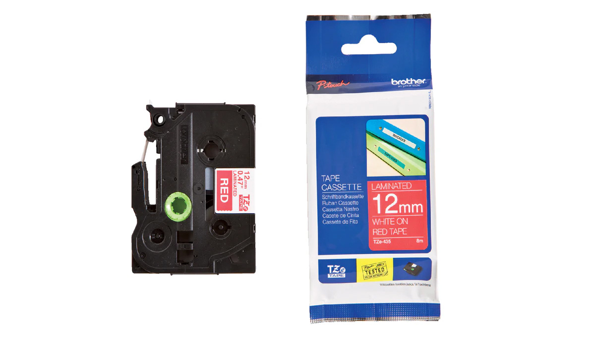 Schriftband für P-touch TZe-435, 12 mm, weiß auf rot
