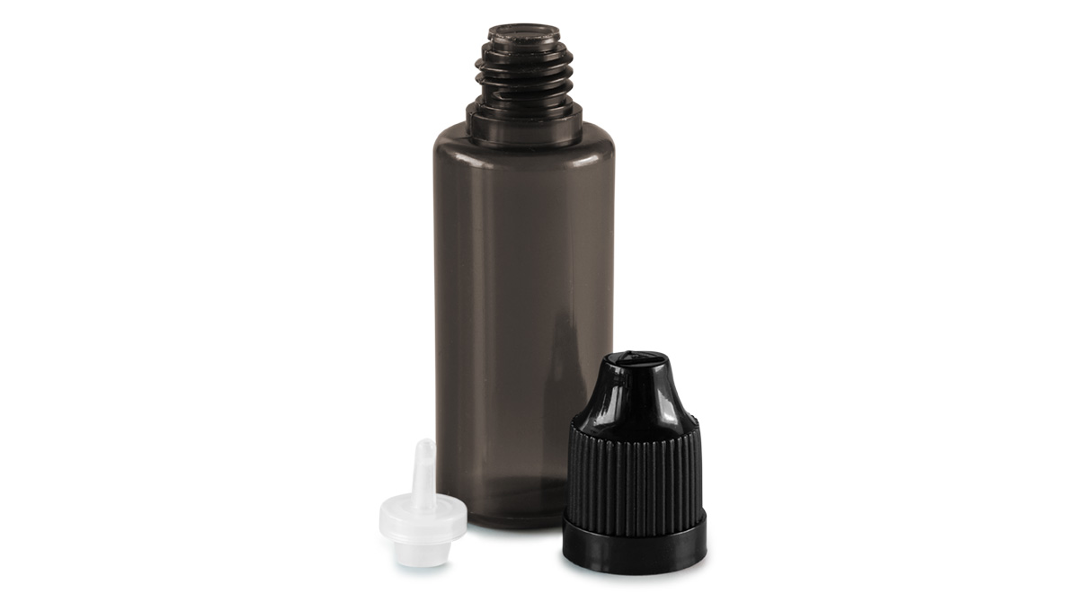 Set of 9 bottles, 5 - 50 ml, black, with caps, dosing aids and funnel
