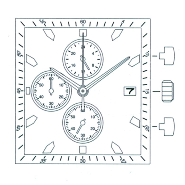 AU-Werk Miyota FS15 High Hand 10 1/2''' DATE3, SUS SC CHRONO 3 EYES PUSH 24H SEC MIN Quarz (377 | SR626SW)