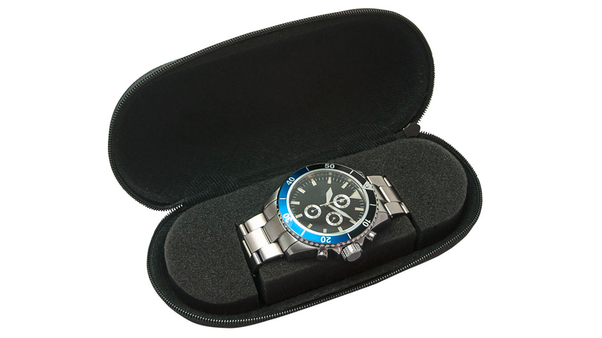 Watch Box horloge etui, hardcase, textielhoes, matglanzend, zwart, bedrukbaar met uw logo
