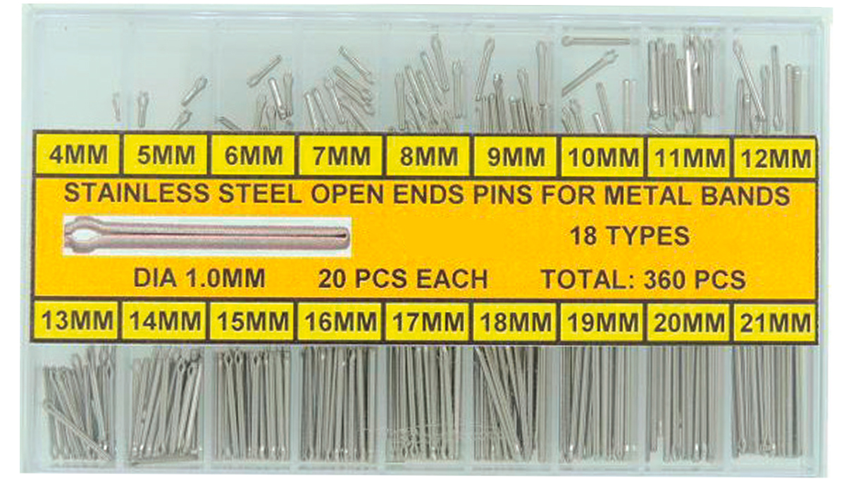 Assortment of Open End Pins, stainless steel, Ø 1 mm, length 4 - 21 mm, 360 pieces