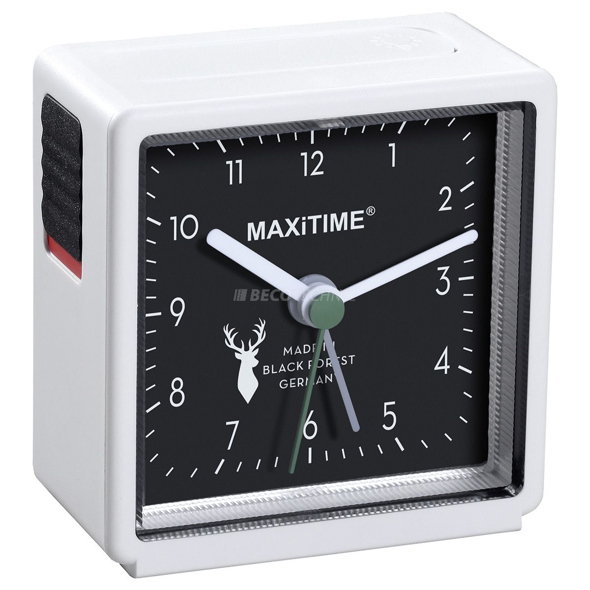 Maxitime quartz wekker met licht en sluimerknop, witte kast, zwarte wijzerplaat, made in the black forest