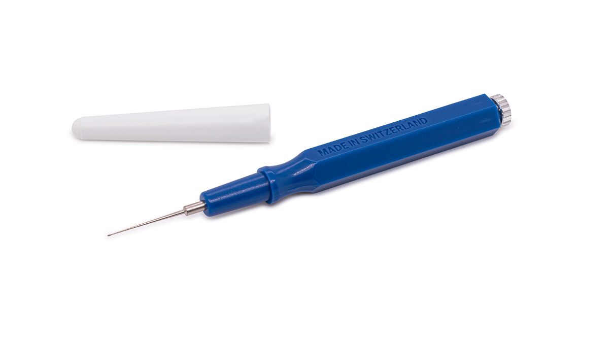 Ölgeber, blau, gewölbt, fein, 0,3 mm, mit 2 Ersatzspitzen