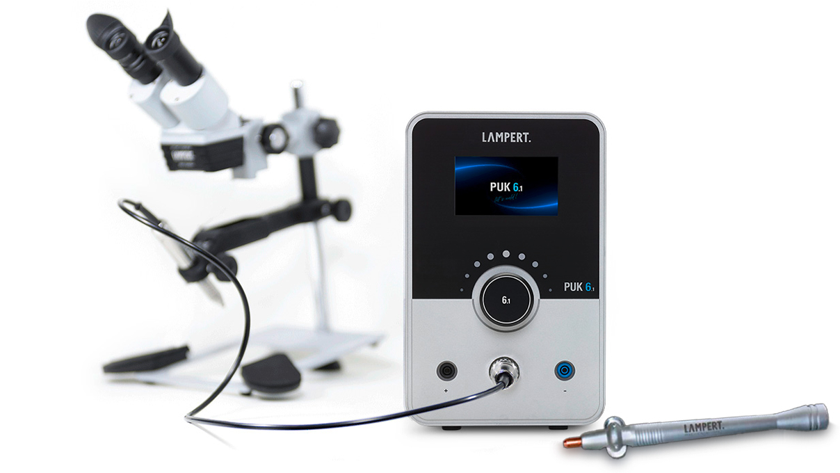 Lampert puntlasser PUK 6.1 met lasmicroscoop SM 6 en handstuk, incl. gratis Lampert Wire Pen